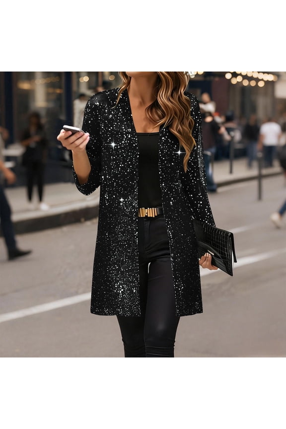 Women's Sequin Jacket Sparkly Blazer Open Front Glitter Cardigan Long Sleeve Coat for Casual Party Cocktail