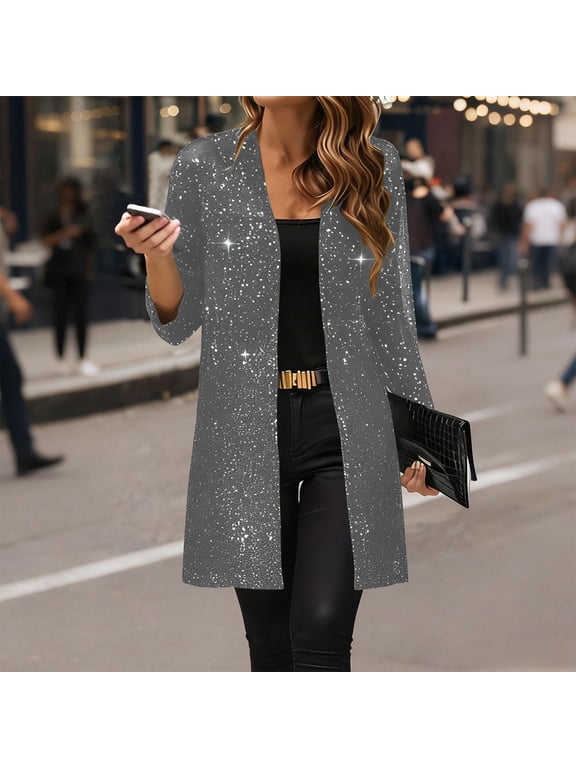 Women's Sequin Jacket Sparkly Blazer Open Front Glitter Cardigan Long Sleeve Coat for Casual Party Cocktail