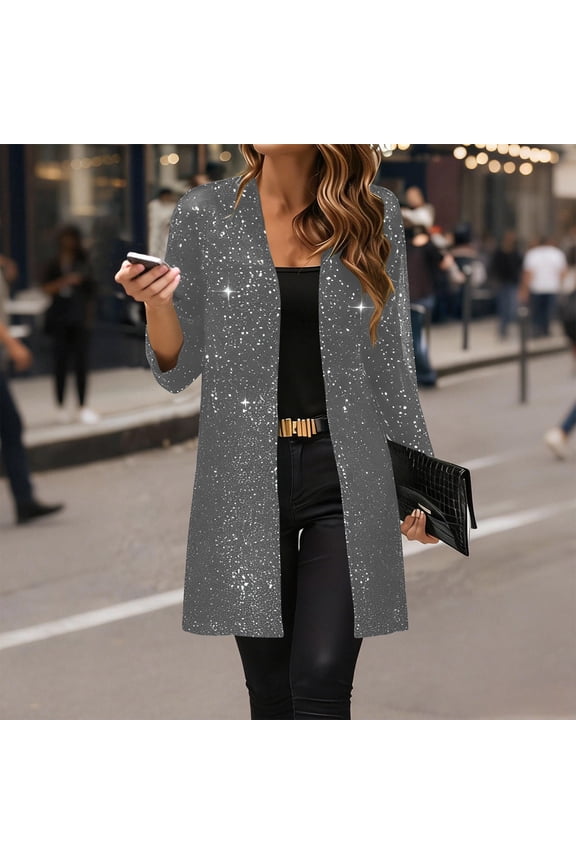 Women's Sequin Jacket Sparkly Blazer Open Front Glitter Cardigan Long Sleeve Coat for Casual Party Cocktail