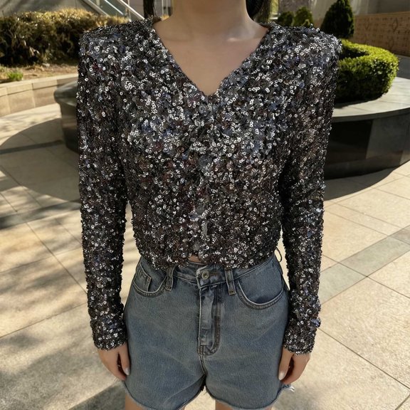 Xuyuer Women's Sequin V-Neck Top Long Sleeve Shiny Top With Buttons Party Concert Night Out
