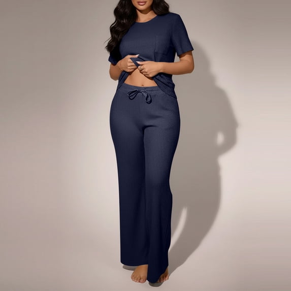 Xuyuer Women's Short Sleeve Round Neck Fitted Elastic Waist Drawstring Wide Leg Pants Set -Casual Outfit with Streamlined Silhouette for Modern Daily Wear