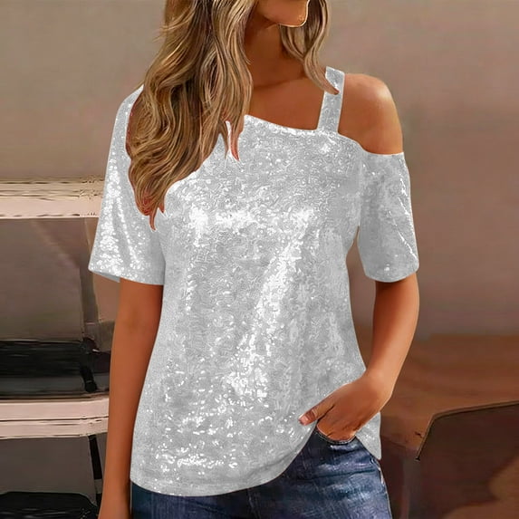 Xuyuer Women's Off Shoulder Tops Y2K Shirt Slim Fit Ruched Crop Top Short Sleeves Spring Fall Blouse Going Out Shirt Sparkly Tops for Women Sleeve Off Shoulder Top Sequin Concert Outfits