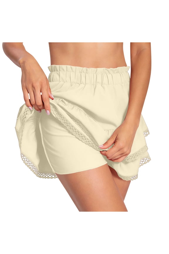 Women's Solid Color Bohemian Tiered Layered Cake High Waist Shorts with Built In Liner for Women