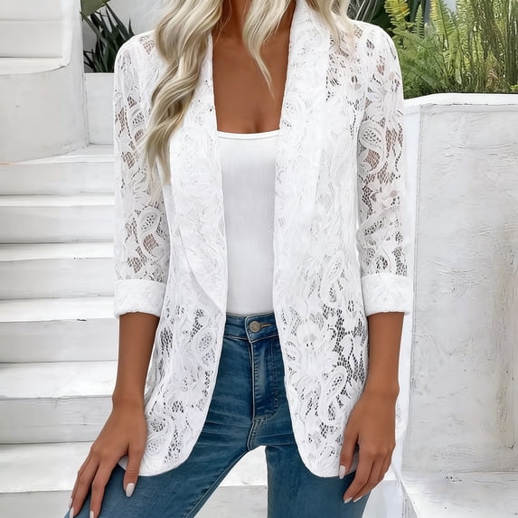 Xuyuer Women's Solid Color Lace Shirt Blazer for Spring Summer, Lightweight Formal Office Jacket with Elegant Detailing for Business Casual and Evening Wear