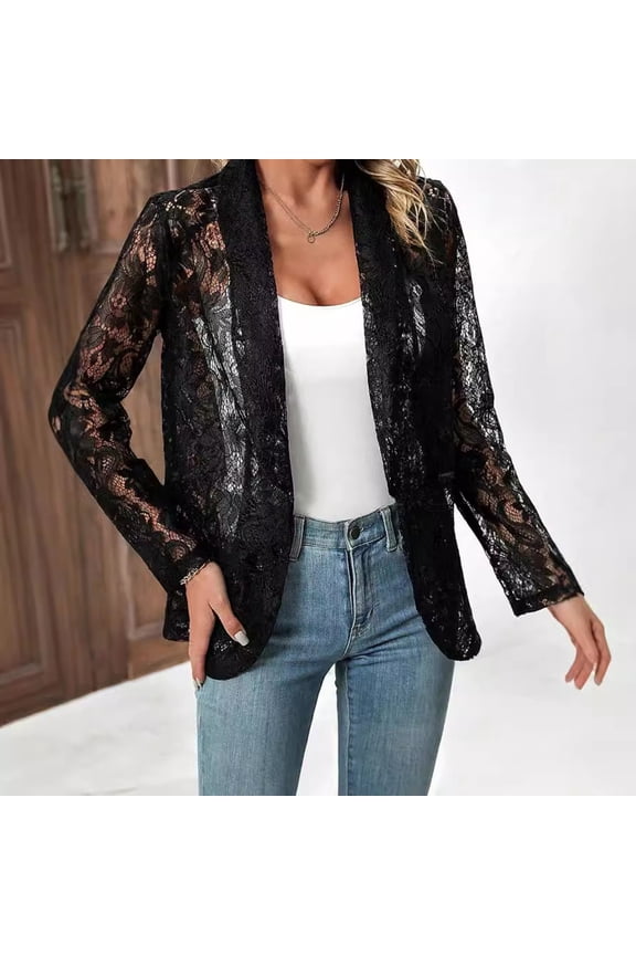 Women's Solid Color Lace Shirt Blazer for Spring Summer, Lightweight Formal Office Jacket with Elegant Detailing for Business Casual and Evening Wear