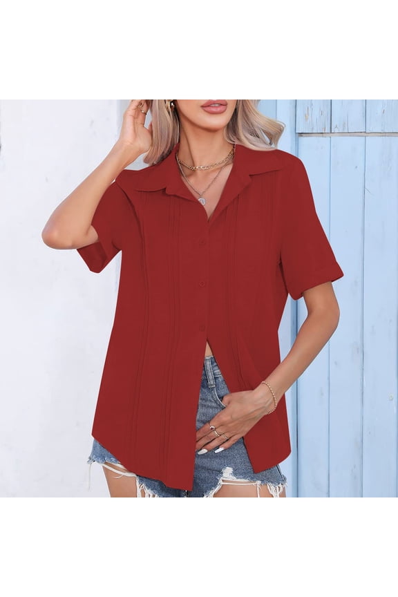 Women's Solid Color Lapel Button Short Sleeve Shirt - Casual Fashion Top for Daily Wear and Smart Style