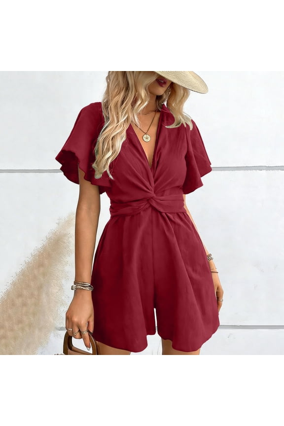 Women's Solid Color Short Sleeve Overalls Jumpsuit Shorts for Women Breathable Soft Lightweight Comfortable