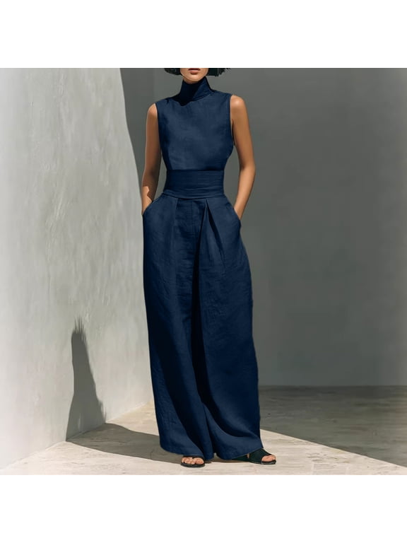 Women's Solid Color Summer Stand Collar Sleeveless Cotton Linen Top Loose Wide Leg Long Pants Casual Two Piece Set