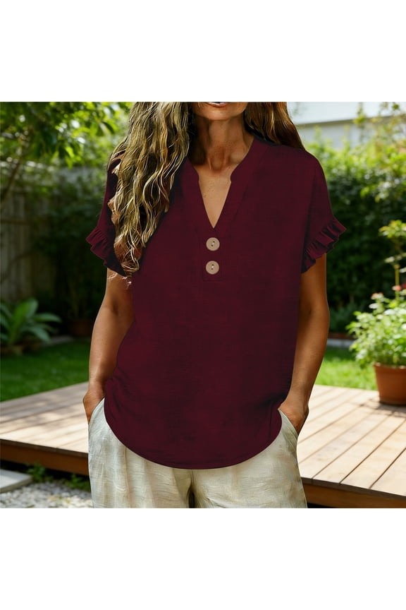 Women's Solid Linen Button Top - Casual Blouse for Everyday Style
