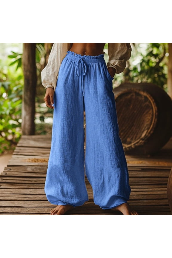 Women's Solid Linen Fashion Casual Loose Artistic Insert Pocket Drawstring Elastic Waist Bloomers - Long Pants, Pants for Women