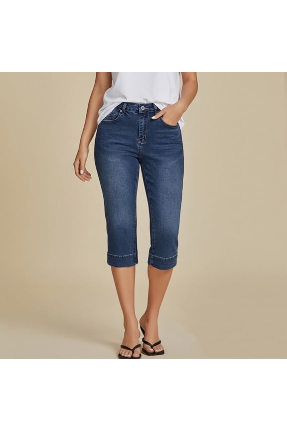 Women's Solid Stretch High Waist Fashion Side Slit Pocket Denim 7/8 Pants - Jean Capris, Pants for Women