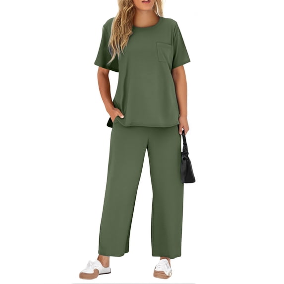 Xuyuer Women's Solid Two-Piece Summer Vacation Travel Outfit Casual Set - Matching Ensemble, Pants for Women