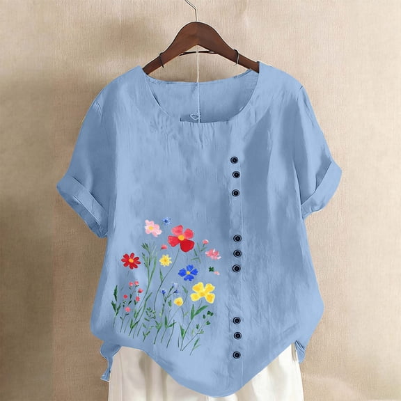 Xuyuer Women's Spring And Summer Block Print Round Neck Button Short Sleeve Casual T-Shirt