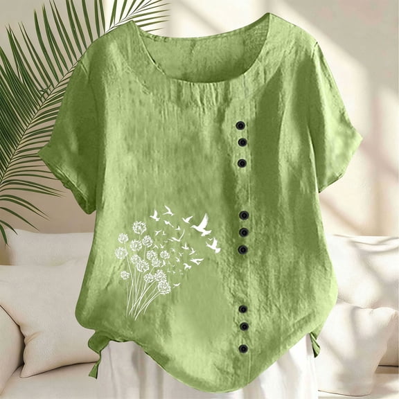 Xuyuer Women's Spring And Summer Shirts Round Neck Short Sleeve Button Fashion Printed T-Shirt Summer Casual Trendy Blouses Tops