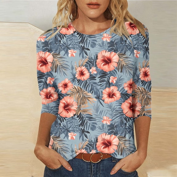 Xuyuer Women's Spring Summer Hawaiian Print Loose Casual Round Neck 3/4 Sleeve T-Shirt, Floral Pullover Top for Beach Vacations, Tropical Parties and Summer Holiday Style