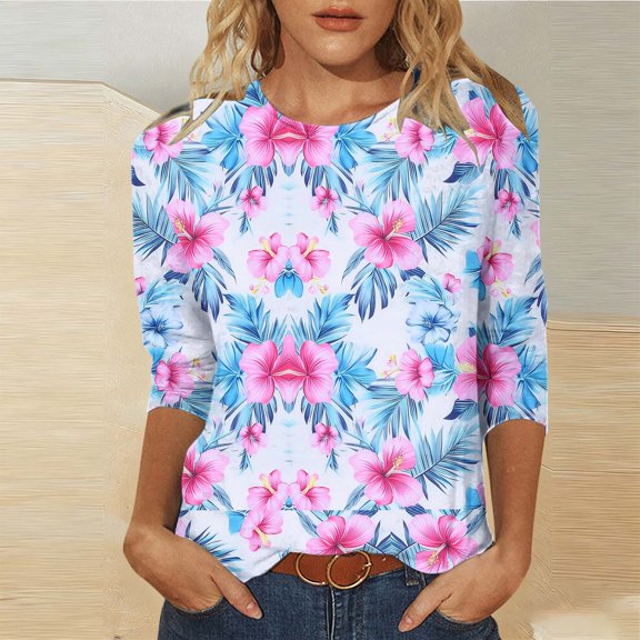 Xuyuer Women's Spring Summer Hawaiian Print Loose Casual Round Neck 3/4 Sleeve T-Shirt, Floral Pullover Top for Beach Vacations, Tropical Parties and Summer Holiday Style