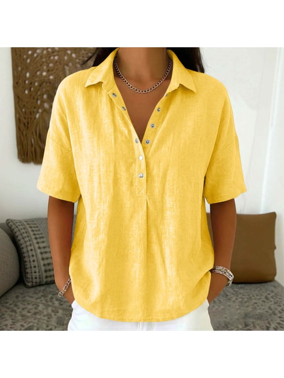 Women's Summer Casual Faux Linen Solid Color Lapel Short Sleeve Button Snap V Neck Top Soft Breathable Blouse
