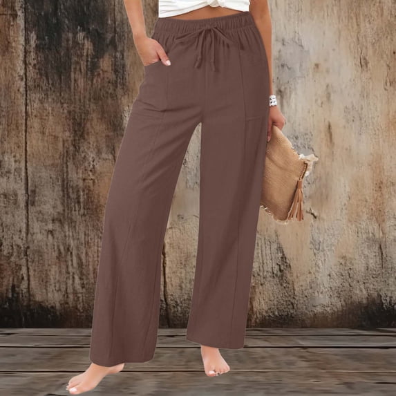 Xuyuer Women's Summer Linen Solid Drawstring Elastic Waist Loose Straight Leg Pocket Pants - Casual Wide Leg Trousers with Side Pockets for Comfortable Daily Wear