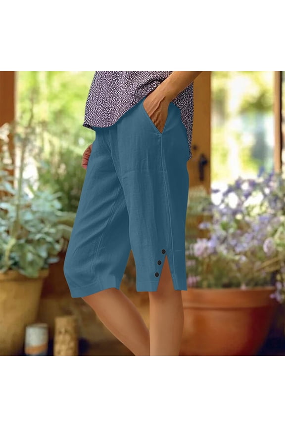 Women's Summer Linen Solid Loose Straight Pocket Side Slit Button 5" Shorts - Casual Bottoms, Pants for Women