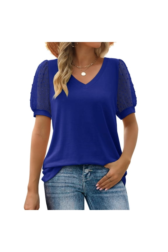 Women's Summer Polka Dot Puff Sleeve Top Loose Fit Casual T Shirt Soft Breathable Daily Wear