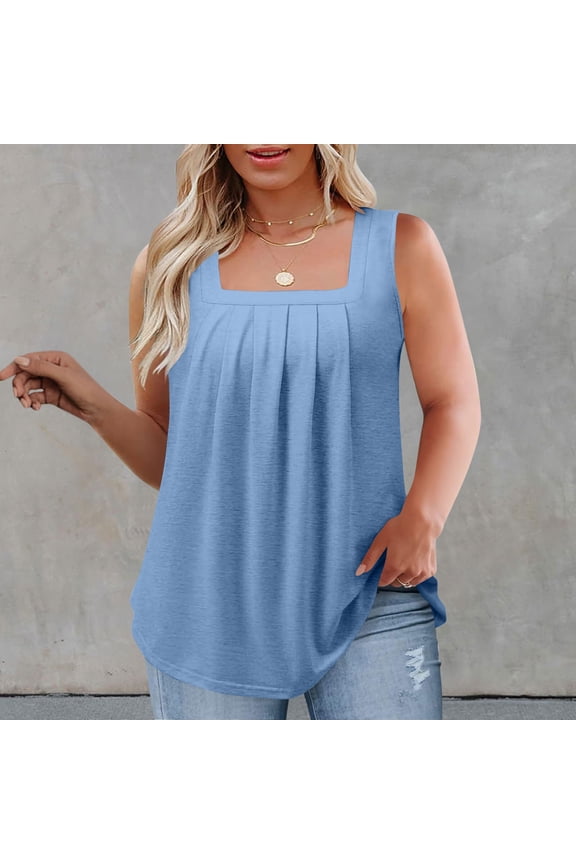 Women's Summer Solid Color Plus Size Square Neck Sleeveless Ruched Top Soft Breathable Daily Wear Loose Fit