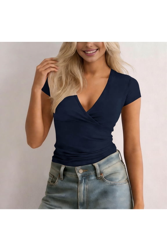 Women's Summer Tops Short Sleeve Slim Fitted Deep V Neck Cross Wrap Tunic T-Shirt Side ruched Shirring Tees