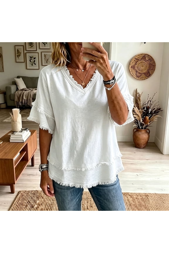 Women's Summer V Neck Distressed Short Sleeve Loose Fit Casual Top Soft Breathable