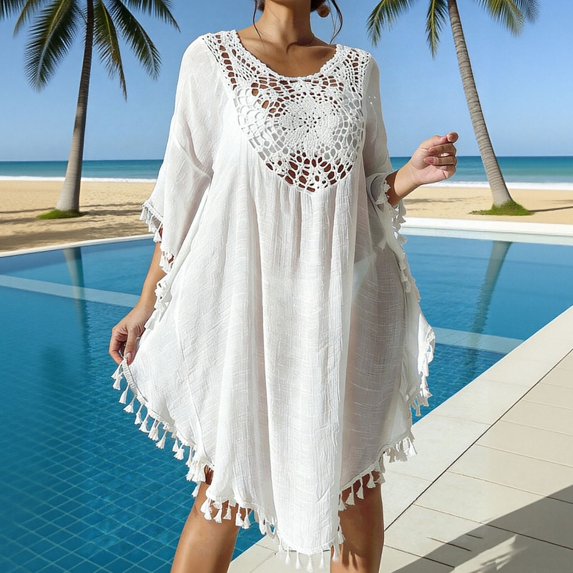 Xuyuer Women's Swimsuit Coverup Crochet Chiffon Tassel Cover Ups Dress Summer Swimwear Beach Lace Pullover Bathing Suit
