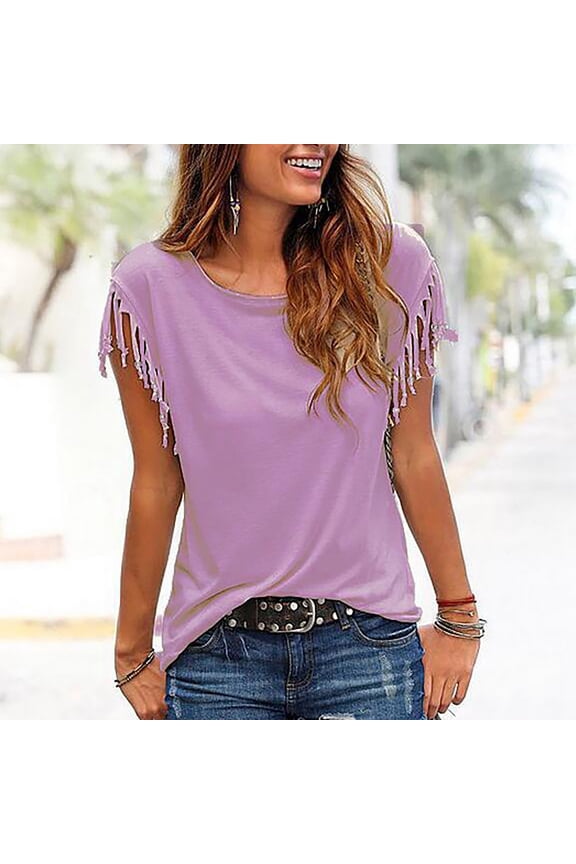 Women's Tassel Short Sleeve Round Neck T-Shirt Top Casual Summer Tee Women's Plus Size Graphic Fringe T Shirt Boho Tasse Crew Neck Casual Tee Tops Summer Casual Tee Tops
