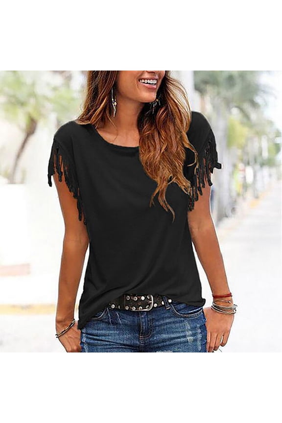 Women's Tassel Short Sleeve Round Neck T-Shirt Top Casual Summer Tee Women's Plus Size Graphic Fringe T Shirt Boho Tasse Crew Neck Casual Tee Tops Summer Casual Tee Tops