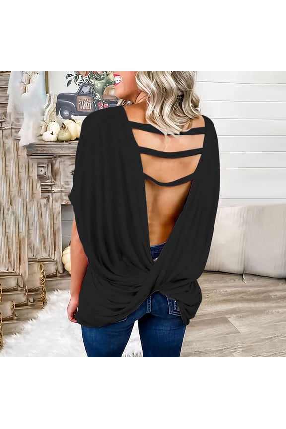Women's Twist Backless Short Sleeve T Shirts Tops Round Neck Curved Hem Casual Workout Tee T-Shirts Knot T Shirt Oversized Solid Tees Open Back Asymmetrical Hem Casual Tops