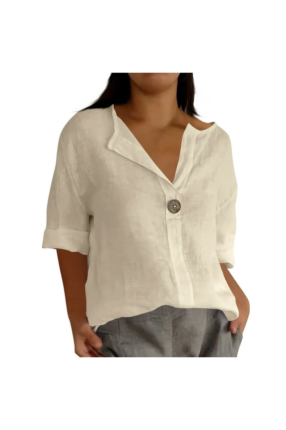 Women's V-Neck 3/4 Sleeve Button Linen Top - Relaxed Natural Fabric Shirt for Casual Smart Style and Everyday Comfort