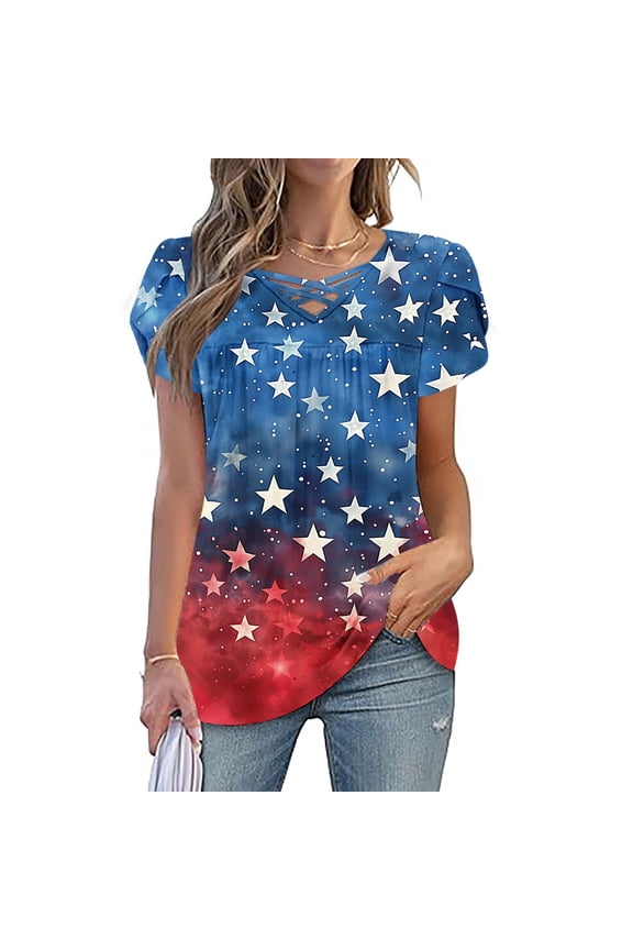 Women's V-Neck Independence Day Short Sleeve Loose T-Shirt Top - Relaxed Patriotic Tee with Flattering Neckline for Casual Style