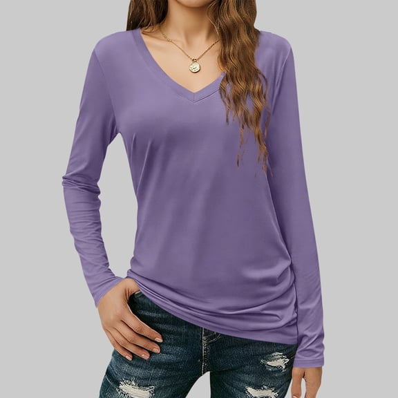 Xuyuer Women's V-Neck Long Sleeve Slim Drape Hem Solid Color Casual Blouse, Flowy T-Shirt Top for Business Casual, Dinner Dates and Elegant Daily Fashion