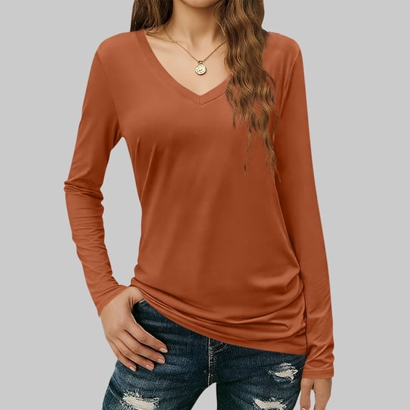 Xuyuer Women's V-Neck Long Sleeve Slim Drape Hem Solid Color Casual Blouse, Flowy T-Shirt Top for Business Casual, Dinner Dates and Elegant Daily Fashion