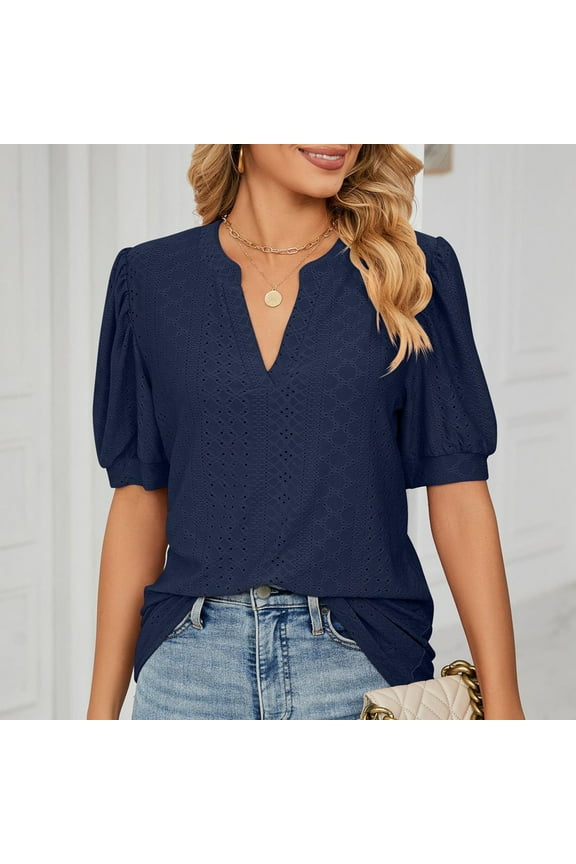 Women's V-Neck Solid Color Cut-Out Short Sleeve Pullover Top - Modern Casual Top with Subtle Skin-Baring Detail for Everyday Chic Wear