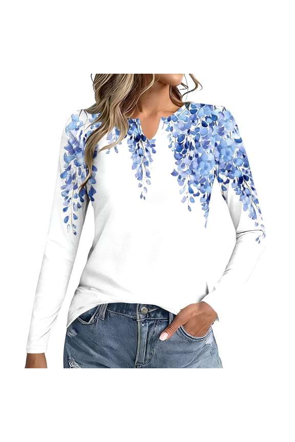 Women's V Neck T Shirts Long Sleeve Blouse Summer Tops Dressy Solid Basic Tees Casual Top Comfortable Shirt Soft Basic Tees Women Blouses Basic Trendy Floral Printed Casual Tops