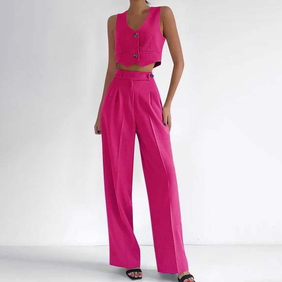 Xuyuer Women's V-Neck Vest Long Pants Wide Leg Solid Casual Set - Matching Outfit, Pants for Women