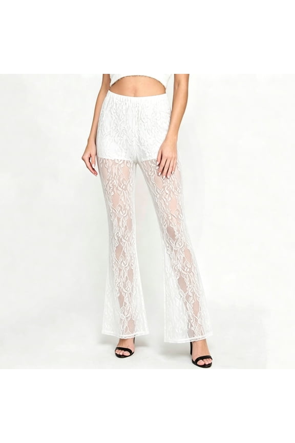 Women's Western Style High Waist Split Lace Trim Double Layer Casual Long Pants for Women Breathable Soft