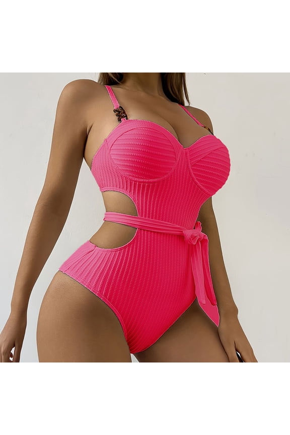 Women's Women's Cutout Metal Chain Strap Bikini Tummy Control Beltd Set Ribbed one Piece Swimsuit Bathing Suit