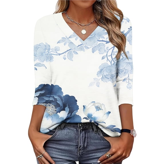 Xuyuer Womens Blouse Casual 3/4 Length Sleeve V Neck Basic T-Shirts Spring Summer Cute Tunic Tops Business Work Tees
