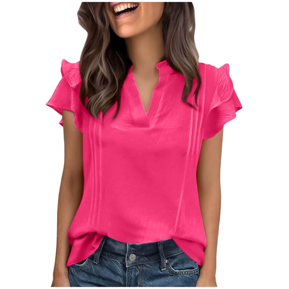 Xuyuer Womens Dressy Casual Topss Double Layered Ruffle Cap Short Sleeve V Neck Shirts Elegant Business Work Trendy Cute Blouse