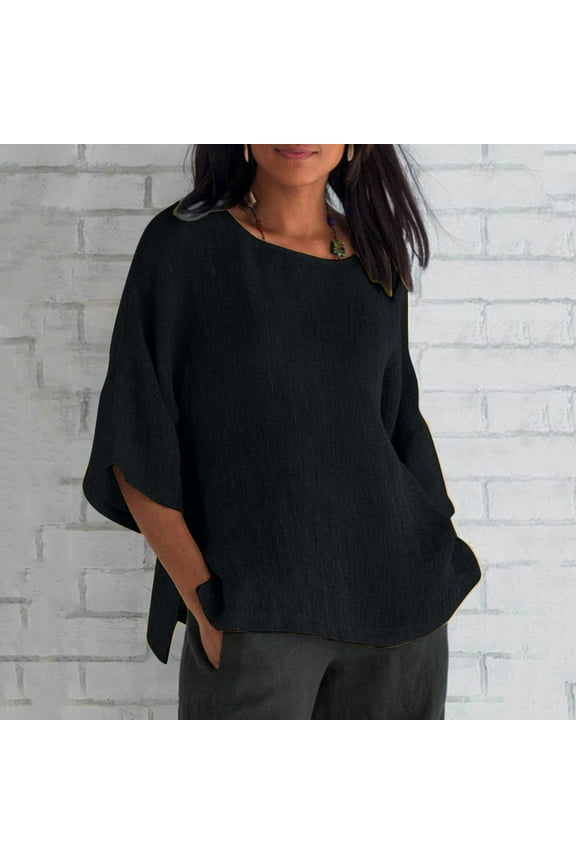 Womens Fashion T-Shirt Crewneck 3/4 Sleeves Solid Color Loose Cropped Basic Tops Summer Casual Tees Blouses Oversize Workout Crop Drop Shoulder Boxy Hem Yoga Running Tees