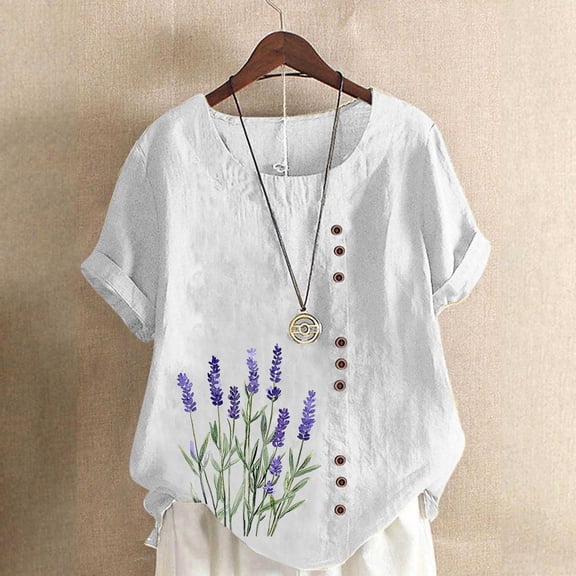 Xuyuer Womens Linen Tops 2026 Summer Short Sleeve Shirts Loose Crewneck Casual Boho Tops Vintage Embroidered Blouses Loose Short Sleeves, Fashion Blouses for Women
