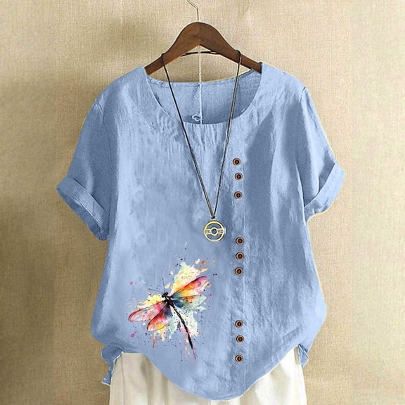 Xuyuer Womens Linen Tops 2026 Summer Short Sleeve Shirts Loose Crewneck Casual Boho Tops Vintage Embroidered Blouses Loose Short Sleeves, Fashion Blouses for Women