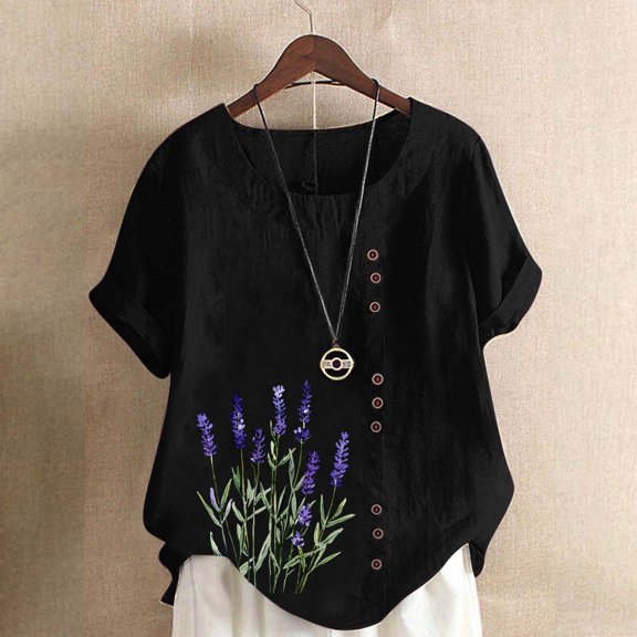 Xuyuer Womens Linen Tops 2026 Summer Short Sleeve Shirts Loose Crewneck Casual Boho Tops Vintage Embroidered Blouses Loose Short Sleeves, Fashion Blouses for Women