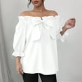 thumbnail image 1 of Xuyuer Womens Off The Shoulder Tops Puff Long Sleeve Bowknot Tie Front Loose Fit Ruffle Flowy Solid Fasion Shirts Blouses, 1 of 7