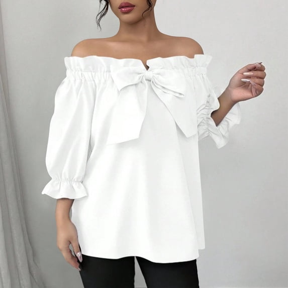 Xuyuer Womens Off The Shoulder Tops Puff Long Sleeve Bowknot Tie Front Loose Fit Ruffle Flowy Solid Fasion Shirts Blouses