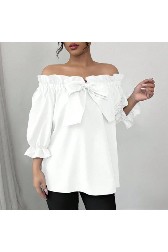 Womens Off The Shoulder Tops Puff Long Sleeve Bowknot Tie Front Loose Fit Ruffle Flowy Solid Fasion Shirts Blouses