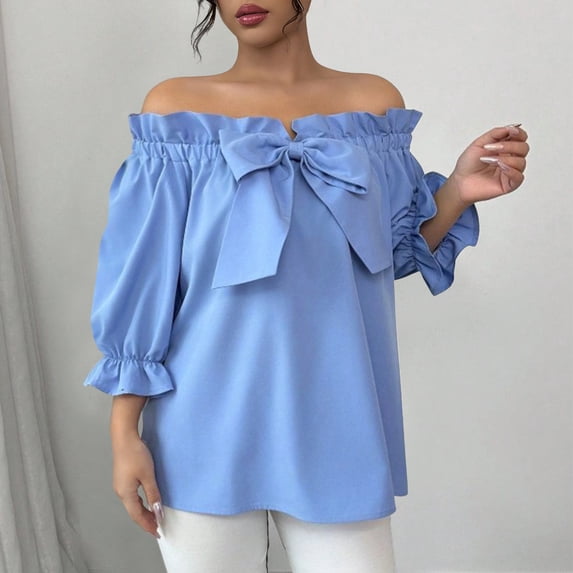 Xuyuer Womens Off The Shoulder Tops Puff Long Sleeve Bowknot Tie Front Loose Fit Ruffle Flowy Solid Fasion Shirts Blouses